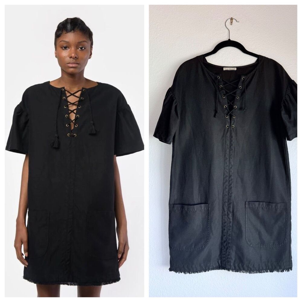 NWOT Ulla Johnson Marcelle Lace Up Cotton-Linen Shift Dress in Jet Black Sz 0